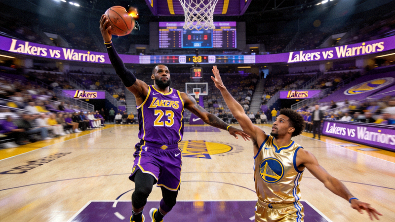NBA常规赛洛杉矶湖人队对阵金州勇士队的篮球比赛精彩画面，球员正在投篮